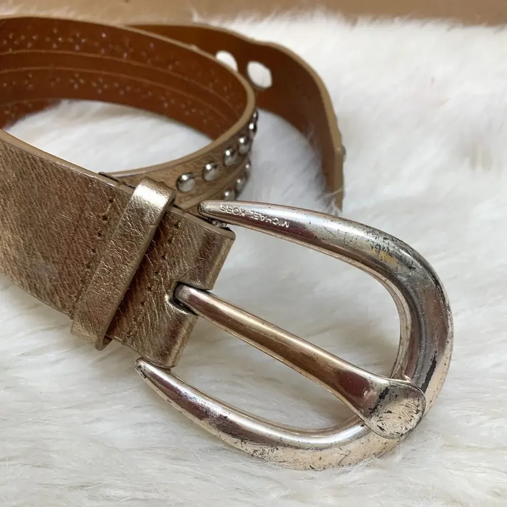MICHAEL KORS Gold Leather Vintage Studded Belt Silver Buckle Sz SMALL